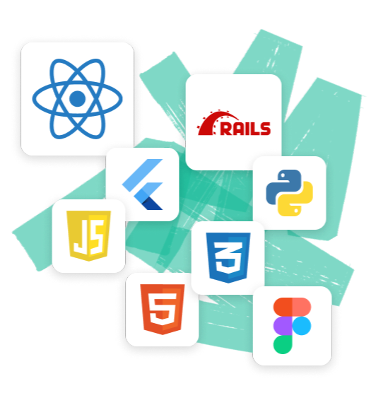 Logos de React, Rails, Flutter, JavaScript, HTML, CSS, Python y Figma
