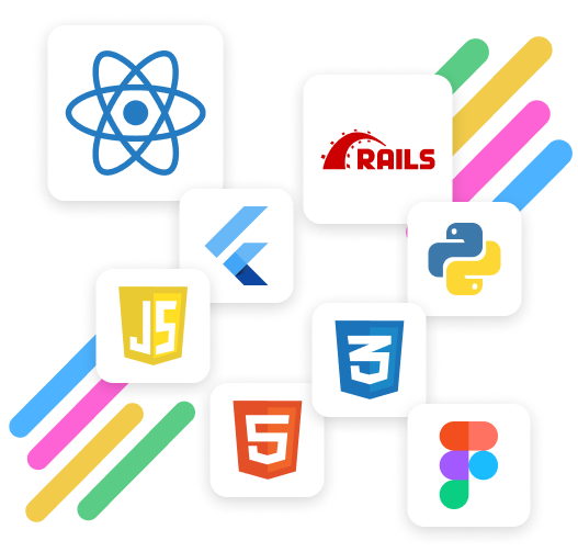 Logos de React, Rails, Flutter, JavaScript, HTML, CSS, Python y Figma